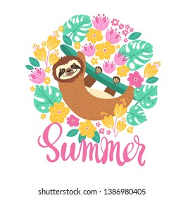 Sloth on the branch. Vector illustration with frame of leaves, flowers and lettering Summer on white background. Greeting card in tropical style.