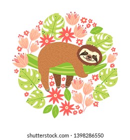 Sloth on the branch. Vector illustration with frame of leaves, flowers on white background. Greeting card in tropical style.