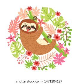 Sloth on the branch. Vector illustration with frame of leaves, flowers and lettering Happy birthday. Floral circle border on white background. Greeting card in tropical style.
