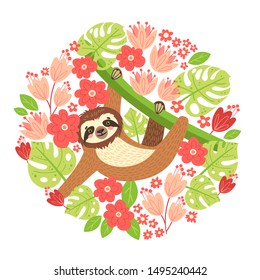 Sloth on the branch. Vector illustration with frame of leaves, flowers on white background. Greeting card in tropical style.