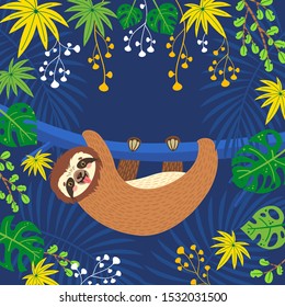 Sloth on the branch. Vector illustration with leaves, plants and copyspace on dark blue background. Greeting card in tropical style.