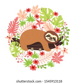 Sloth on the branch. Vector illustration with frame of leaves, flowers and lettering Hello on white background. Greeting card in tropical style.