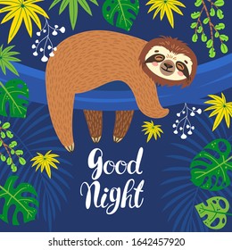 Sloth on the branch. Vector illustration with palm and monstera leaves. Lettering Good Night on jungle background. Greeting card in tropical style.