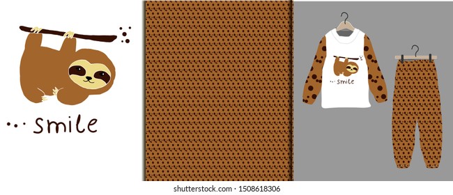 Sloth on a brown branch, polka dot pattern. Set of illustration for pajamas, textile, fabric. Hand drawn. Vector