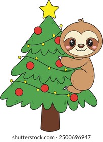 Sloth on christmas tree vector illustration