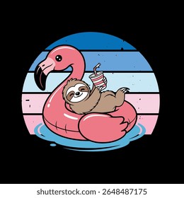Sloth On Flamingo Pool Float Retro Sunset