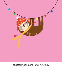 sloth on the rope with colorful lamps