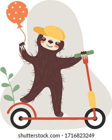 Sloth on scooter with inflatable color ball, cap and green leaf concept and vector illustration on white background. Cheerful and joyful animal character sloth, sluggard. Cosy cartoon style.