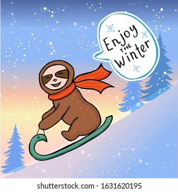 sloth on a sled. Cartoon character. Winter postcard