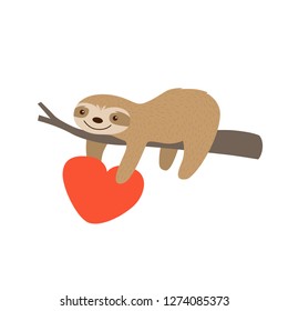 Sloth on the tree branch with heart. Vector illustration for Valentine's day.