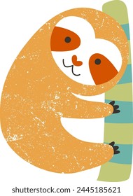 Sloth On Tree With Grunge Texture Vector Illustration