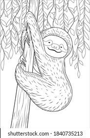 Sloth on a tree in the jungle. Coloring page for coloring book. Cartoon vector illustration.