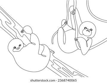 Sloth on a tree and on a liana. Natural habitat of sloths. International Sloth Day. One line drawing for different uses. Vector illustration.