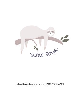 Sloth on the tree vector graphic. slow down sign. fabric design