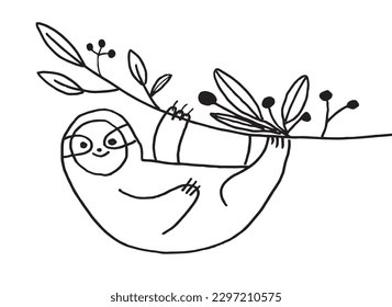Sloth outline illustration image. 
Hand drawn image artwork of sloth. 
Simple cute original logo of a monochrome sloth.
Hand drawn vector illustration for posters, cards, t-shirts.