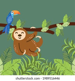 sloth parrot branch tropical foliage