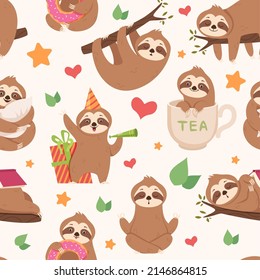 Sloth pattern. Funny lazy wild animal in various action poses exotic characters exact vector seamless background