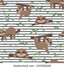 Sloth pattern on a background of tropical leaves on a green background