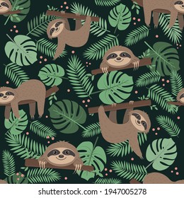 Sloth pattern on a background of tropical leaves on a green background