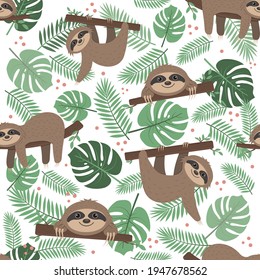 Sloth pattern on a background of tropical leaves on a green background