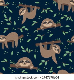 Sloth pattern on a background of tropical leaves on a green background