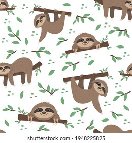 Sloth pattern on a background of tropical leaves on a green background
