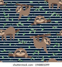 Sloth pattern on a background of tropical leaves on a green background