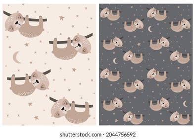 Sloth Pattern. Simple Infantile Style Seamless Vector Patterns with Cute Hand Drawn Baby Sloth, Moon and Stars Isolated on a Beige and Dark Gray Background. Nursery Print ideal for Fabric.