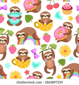 Sloth pattern. Sleep animal, cartoon sloths eat dancing or dream. Cute zoo characters, exotic characters print exact vector seamless texture