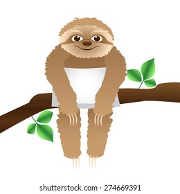 sloth with a pillow sitting on a branch,  isolated on white