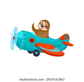 Sloth pilot on airplane, cartoon animal aviator in plane toy, vector funny character. Sloth pilot waving with hand and flying in propeller airplane, funny zoo animal aviator for kids