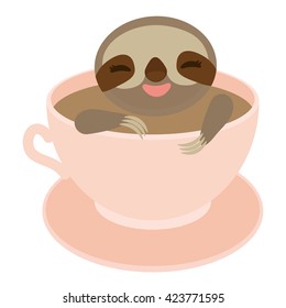 Sloth in a Pink cup coffee, tea, Three-toed sloth isolated on white background. Vector illustration