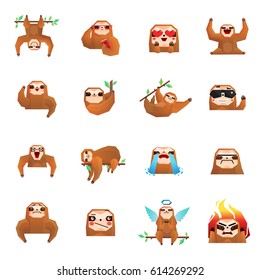 Sloth polygonal big set of flat isolated tree sloth cartoon character emoticons drawn in doodle style vector illustration