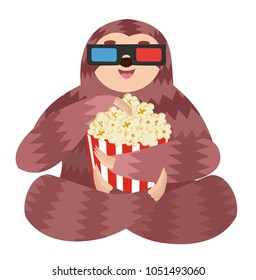 Sloth with popcorn. Cute vector illustration.