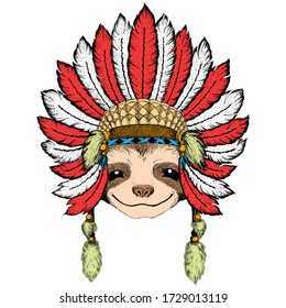 Sloth portrait. Face of cute animal. Indian headdress with feathers. Boho style.