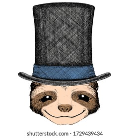 Sloth portrait. Face of cute animal. Cylinder hat.