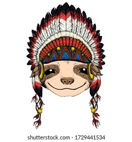 Sloth portrait. Face of cute animal. Indian traditional headdress.