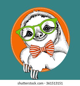 Sloth portrait in a glasses with tie. Vector illustration.