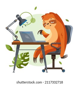 Sloth programmer working on laptop. Illustration in cartoon style.