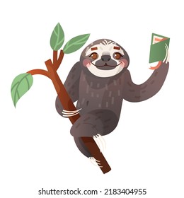 The Sloth reading. Animals reading. Illustration for children. Cartoon cute animal.Back to school.