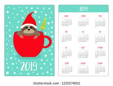 Sloth in red coffee tea cup. Santa hat, snow. Simple pocket calendar layout 2019 new year. Week starts Sunday. Cute cartoon character. Vertical orientation. Flat design. Blue background. Vector