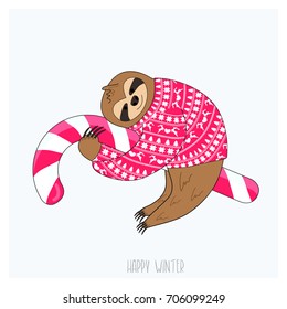 Sloth  in a red  sweater  with candy cane