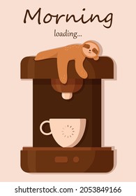 Sloth relax in a cup of coffee. Mug with morning loading indicator. Cute cartoon character. Wild jungle animals collection. My spirit animal. Vector illustration