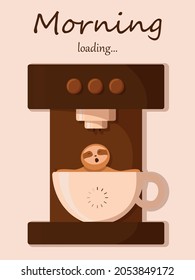 Sloth relax in a cup of coffee. Mug with morning loading indicator. Cute cartoon character. Wild jungle animals collection. My spirit animal. Vector illustration