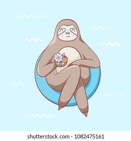 Sloth Relaxing In A Swimming Ring With A Cocktail