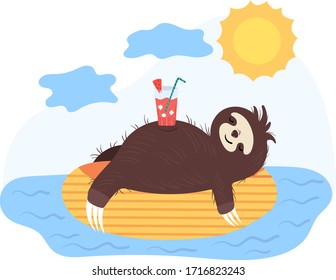 Sloth resting on inflatable circle concept and vector illustration on white background. Cheerful and joyful animal character sloth. Warm land, holiday in tropical country. Cosy cartoon style.