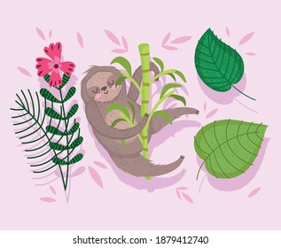 sloth resting on tree branch flower leaves nature cartoon vector illustration