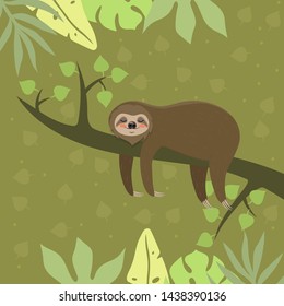 Sloth rests on a twig. Postcard template. Vector illustration.