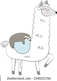 Sloth riding Llama funny vector. Lazy sloth and proud Llama illustration.