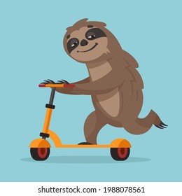 Sloth riding scooter. Funny animal in cartoon style.